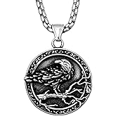 HAQUIL Raven Necklace, Stainless Steel Viking Raven Medallion Pendant, Box Chain, Viking Jewelry Gift