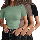 Ficerd 3 Pack Women's Ribbed T-Shirts, Cotton Short Sleeve Basic Tees Crewneck Fitted Tops Casual Shirts 2026 Summer Trendy