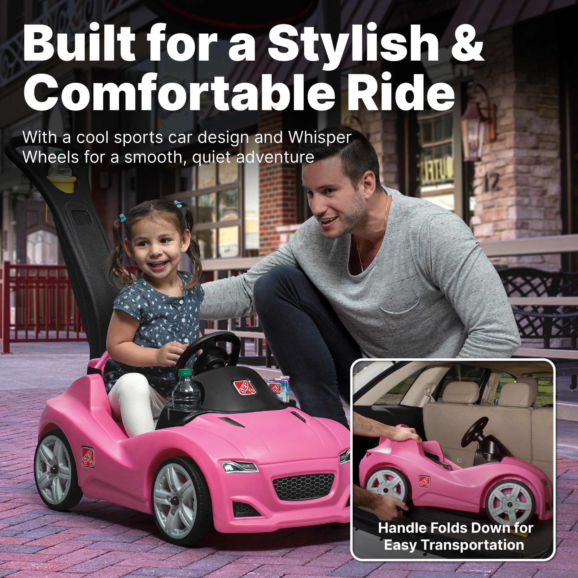 Step2 Whisper Ride Cruiser Kids Push Car, Ride On Toy, Stroller Substitute, Includes Seat Belt & Horn, Made of Durable Plastic, Max Weight 50 lbs., For Toddlers 1.5-4 Years Old, Pink