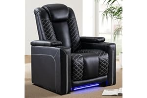 IOMOR Home Theater Seating with USB Ports and Cup Holders, Overstuffed Faux Leather Electric Power Recliner Chair with Hidden Arm Storage, Ambient Lighting (1, Black+Lighting)