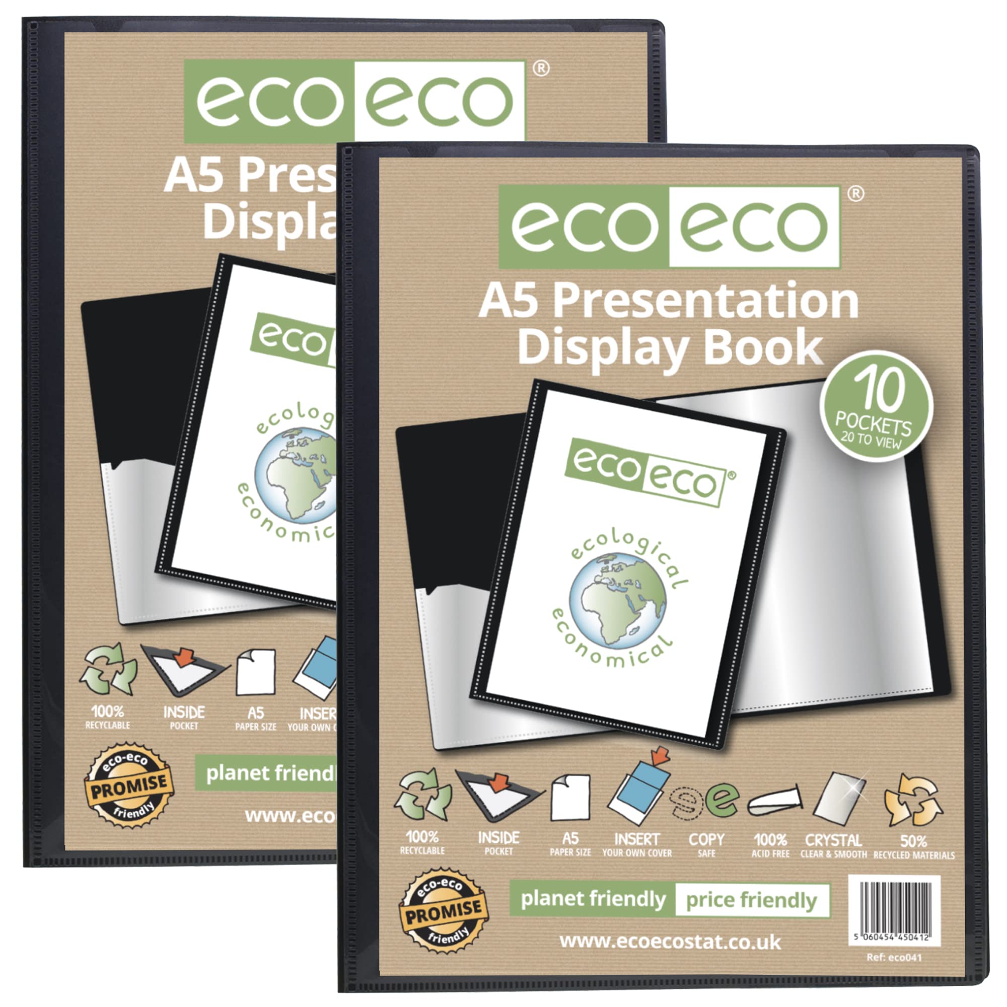 eco-eco A5 Size 50% Recycled 10 Pocket Black Presentation Display Book, Storage Case Portfolio Art Folder with Plastic Sleeves, eco041x2, (Pack of 2 Books)