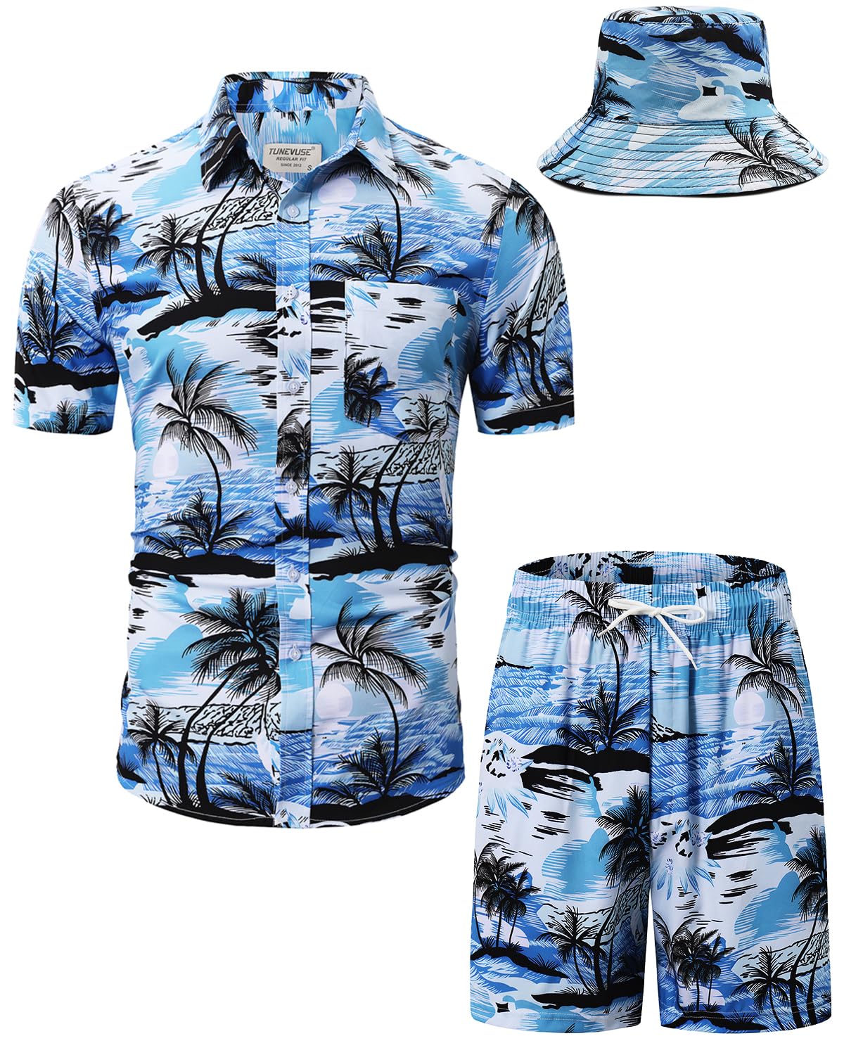 Photo 1 of (MISSING SHIRT) TUNEVUSE Mens Hawaiian Shirts and Shorts Set 2 Pieces Beach Outfits Tiger Print Summer Tropical Suit with Bucket Hats Light Blue 5X-Large