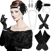 20s Flapper Accessories for Women 1920s Costume Accessories Set Halloween Fur Faux Scarf Headpiece Necklace Earrings Gloves(Simple) Multicolor