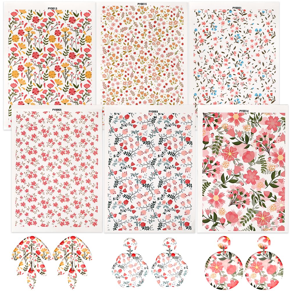 CRASPIRE 6 Style Flower Clay Transfer Paper for Polymer Clay Floral Transfer Sheets Boho Retro Water Transfer Sheets Jewelry Making Earrings DIY Polymer Glaze Pottery Enamel Tools Art Crafts