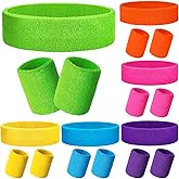 Skylety 18 Pcs 80s Neon Sweatband Set,12 Colorful Wristband Elastic Athletic Sweatband 6 Headband Sweat Wicking Tennis Basketball Sport Competition Supplies for Men Women Gym Running