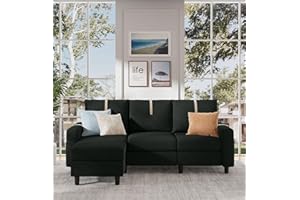 Pingliang Home 80" Sectional Sofas for Living Room, 3 Seat L Shaped Couch with Reversible Ottoman, Modern Linen Fabric Small Sectional Couch for Apartment Small Space, Black