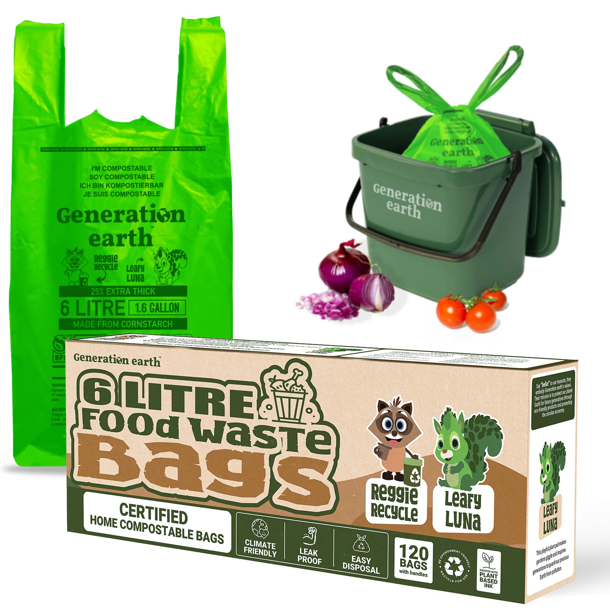 View 1 of 120 Bags 1.6 Gallon (6L) | Tie Handle Compostable Food Waste Bags | BPI Certified Kitchen Countertop Compost Bin Liners | Extra Strong Biodegradable Caddy Bags | Generation earth