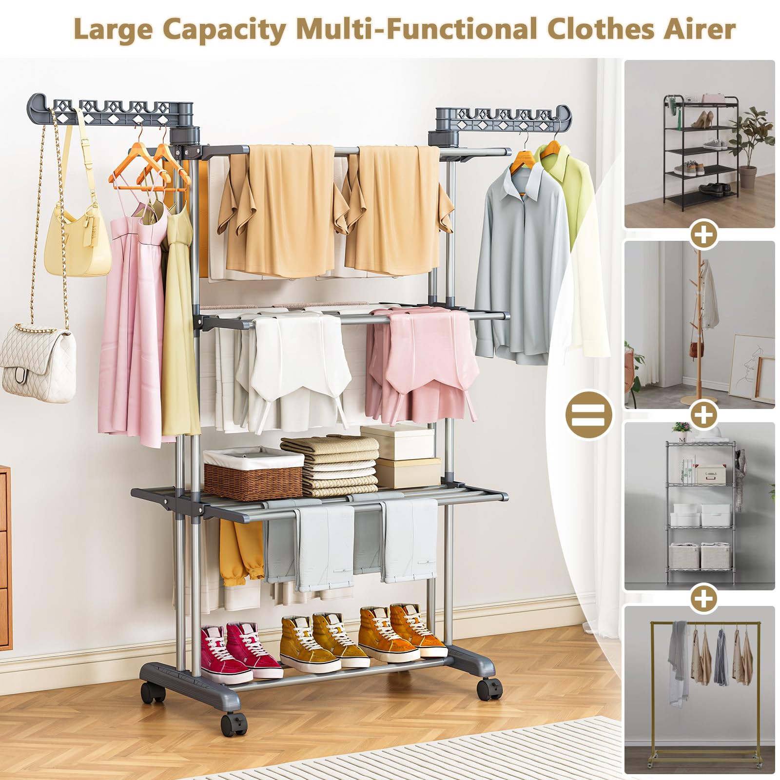 PurKeep Thicken & Durable Clothes Airer, Extra Large 4-Tier Capacity Foldable Clothes Drying Rack with Wheels, Stainless Steel Clothes Horse for Indoor/Outdoor Use in Bedroom, Laundry Room