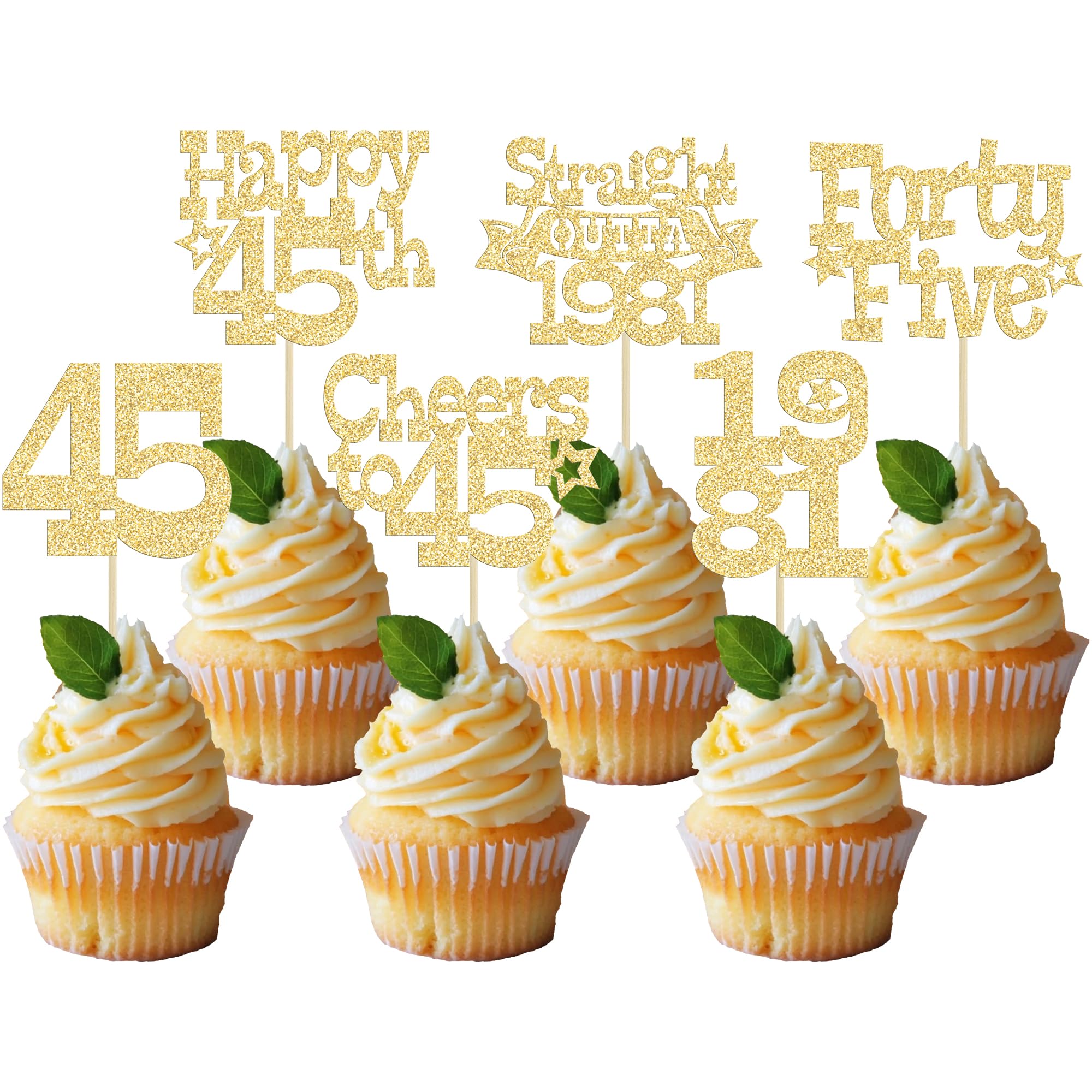 Ephlyn 30Pcs Happy 45th Birthday Cupcake Toppers Glitter Forty Five Straight Outta 1981 Cupcake Picks Cheers to 45 Years Cake Decorations for Happy 45th Birthday Anniversary Party Supplies Gold