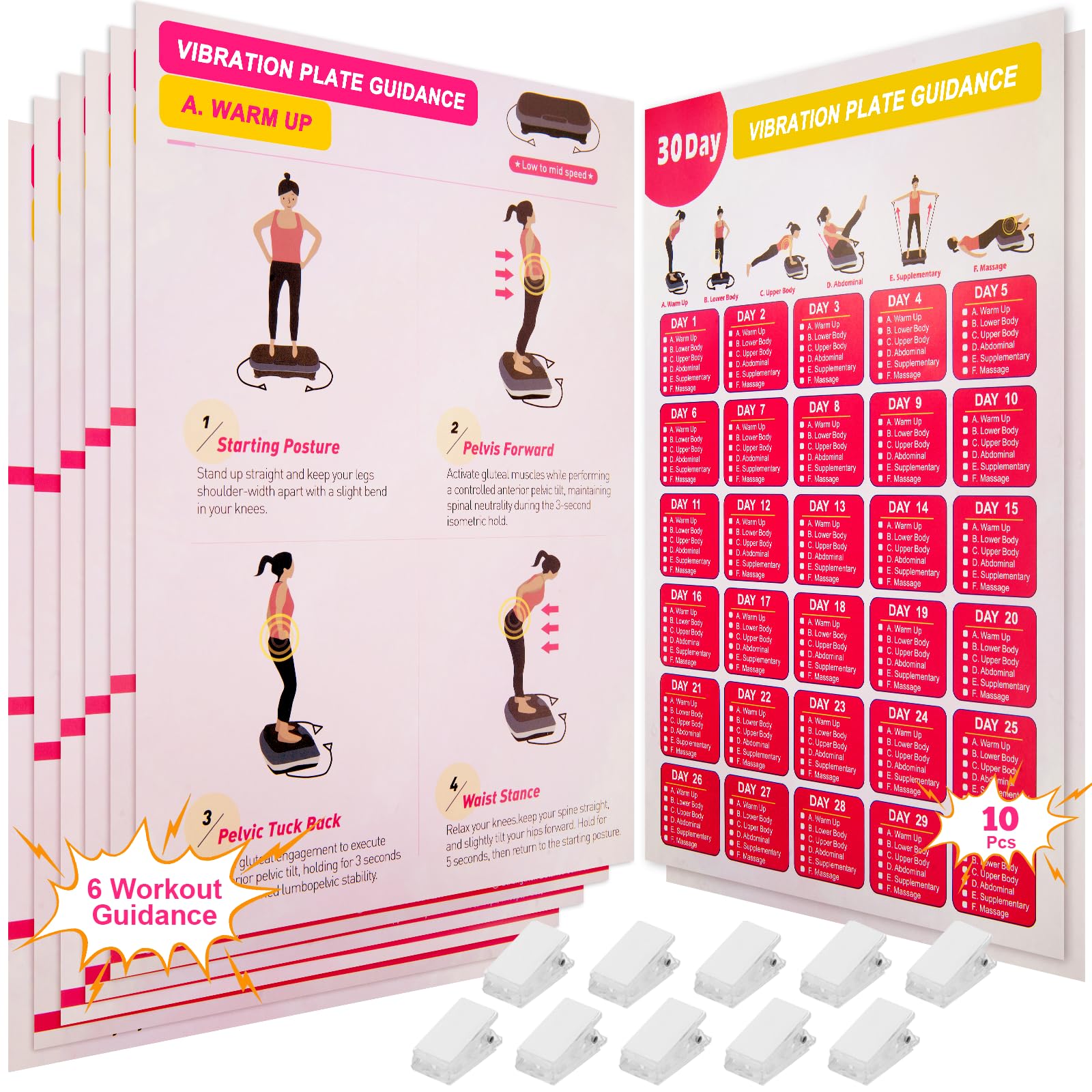 Photo 1 of Vibration Plate Exercise Machine Poster - Upgraded 6 Workout Guidance & 10 Pcs Planner & 10 Pcs Double-Sided Clips, Comprehensive Whole Body Wave Vibrating Workout Chart, Pink