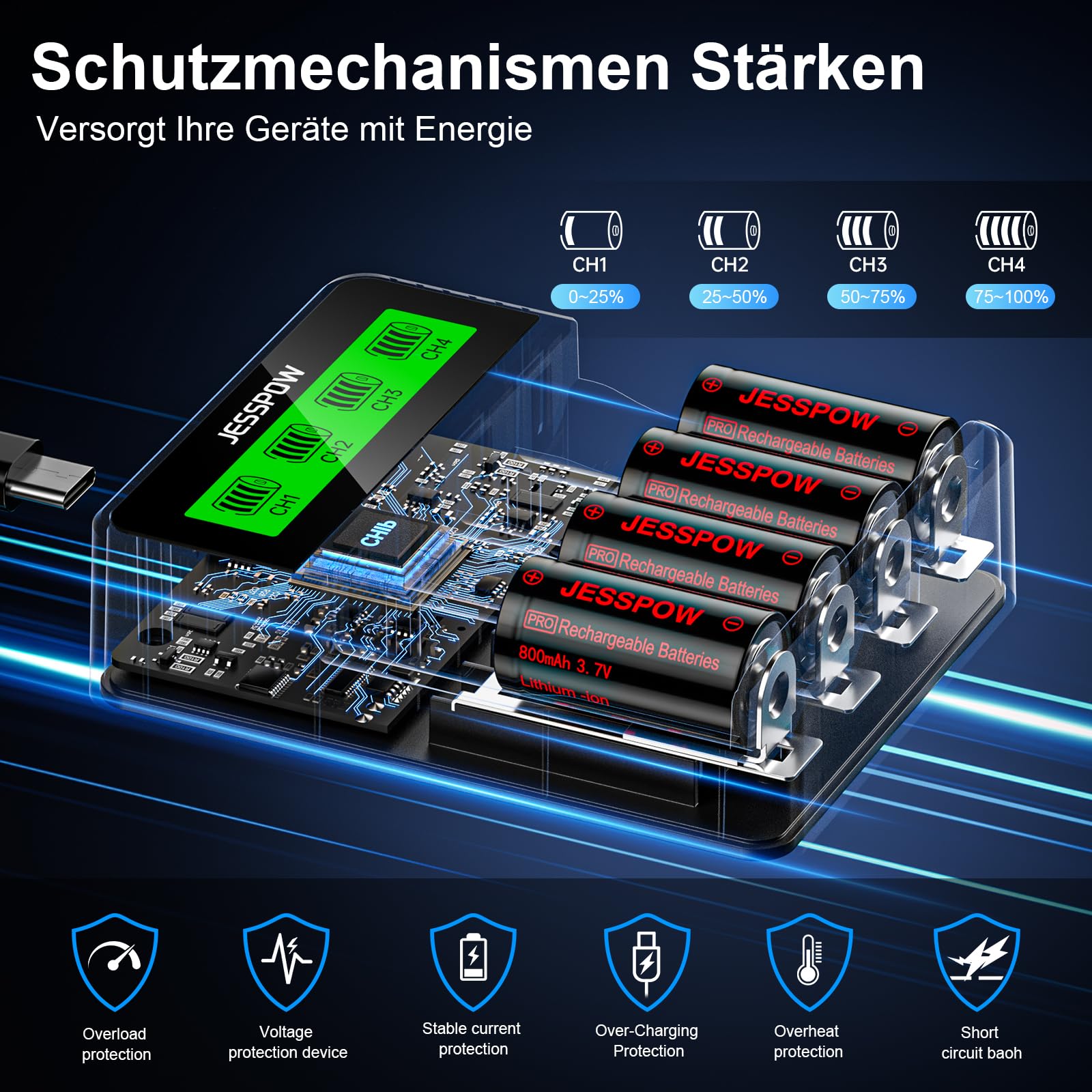 CR123A Batterie mit Ladegerät, 3,7V Akku Wiederaufladbare für Taschenlampen Kameras Mikrofon Warnsystem, CR123A Akku 4