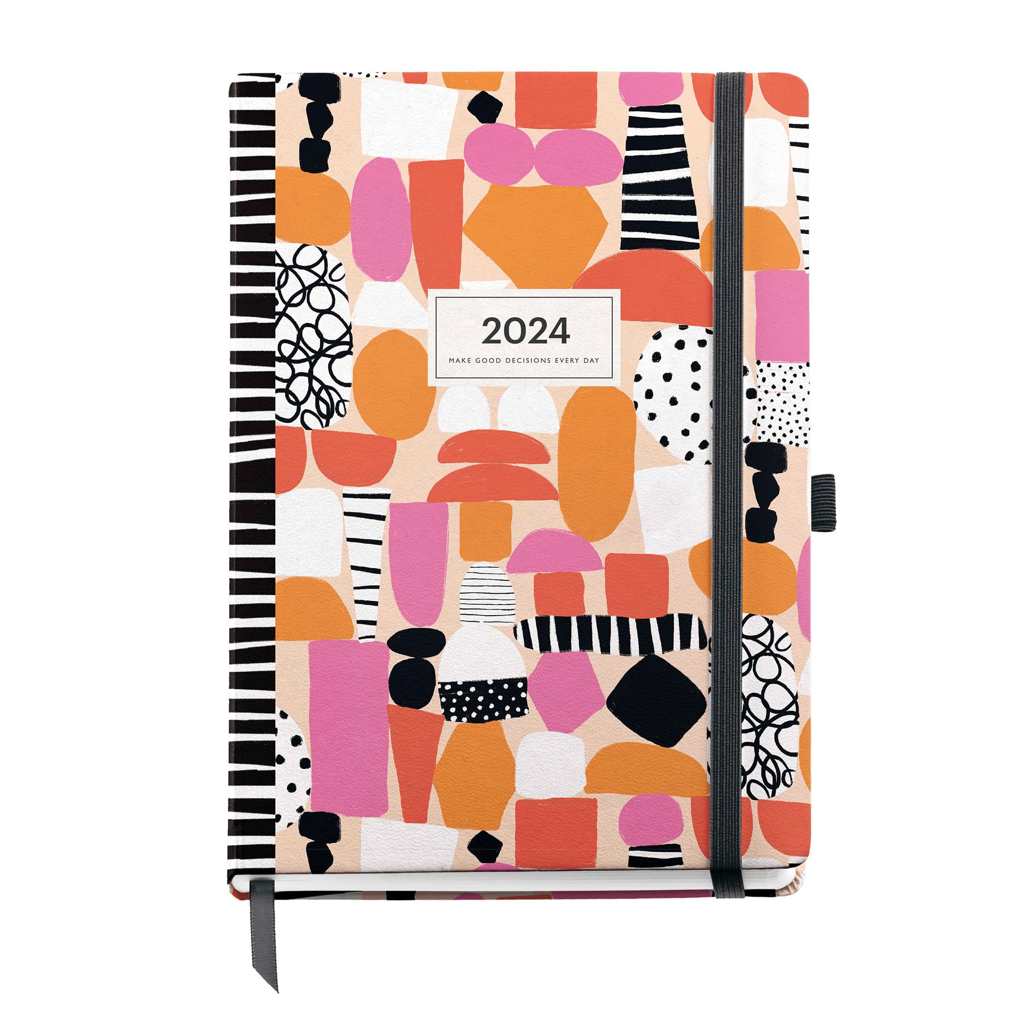 Miquelrius - Annual Planner 2024, Day Page, Plus Size 155 x 213 mm (similar A5), Hard Cover, Stitched Binding, Elastic Closure, Spanish, English and Portuguese, Abstract Art