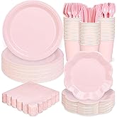 175 Pcs Light Pink Plates Cups and Napkins Set, Pink Scalloped Dessert Plates Party Supplies for 25 Guests Include Disposable Pink Party Plates Napkins Cup Cutlery for Baby Shower Wedding Birthday