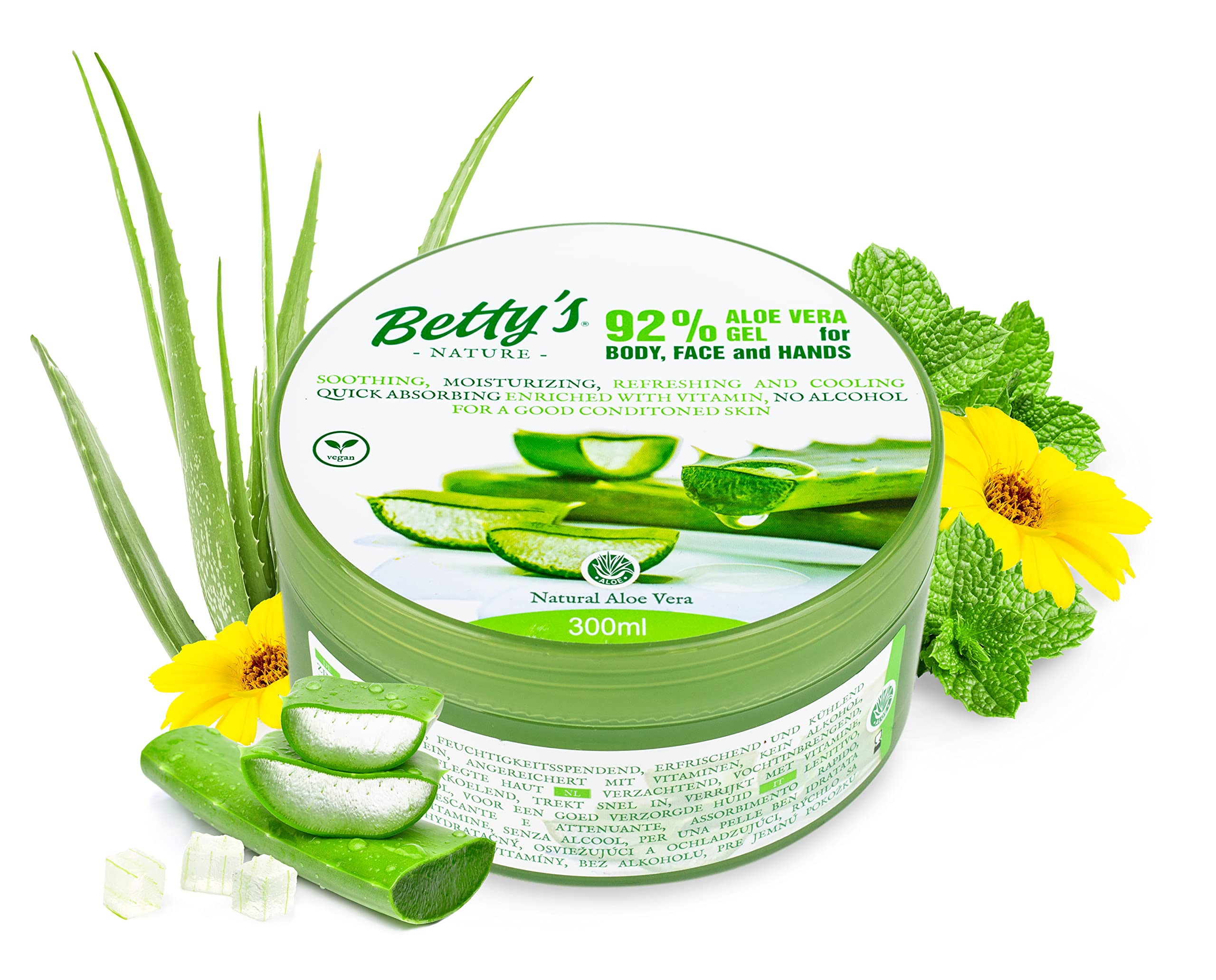 Bettys Nature 92% Aloe Vera Gel for Body - Paraben- - Face and Hands - for Cooling, Nourishes and Protects 300 ml