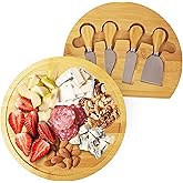 RoyalHouse Bamboo Round Cheese Board and 4 Knives Set with Slide-Out Cutlery Drawer - Charcuterie Boards Set - House Warming Gifts New Home, Wedding Gifts for Couple 2025, Bridal Shower