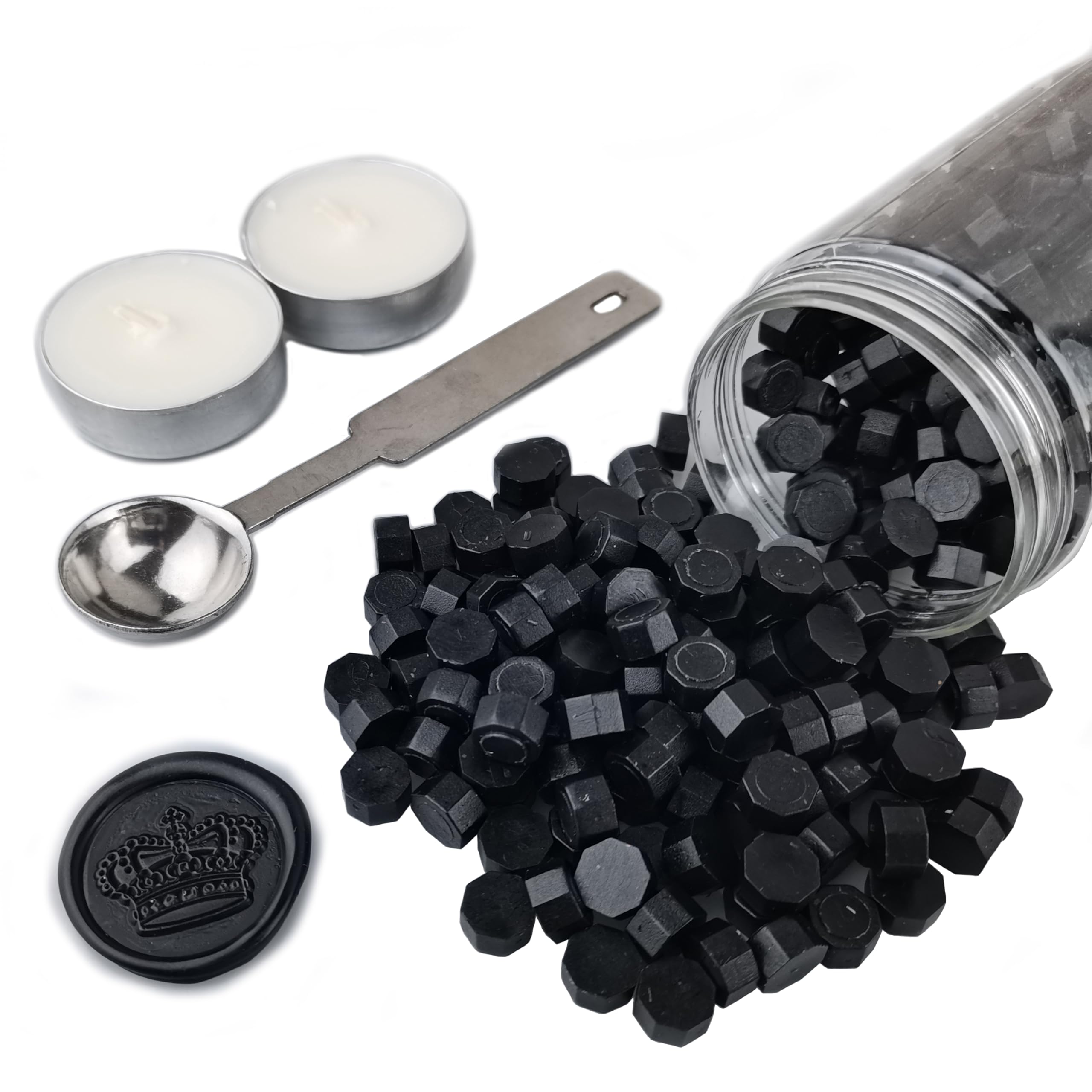 Sealing Wax Beads, AMTOL 300 Pcs Wax Sealing Beads with 2 Pcs White Candles and 1 Pcs Wax Melting Spoon, Great for Wedding Invitations,Cards Envelopes, Gift Wrapping(Black)
