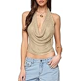 PICPUNMAK Women Sexy Fishnet Glitter Tops Semi Sheer Mesh Crop Top Backless Halter Cowl Neck Tank Shirt Going Out Top Gold