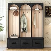 Merax Farmhouse Wood Hall Tree with 8 Hooks and Shoe Bench, Mudroom Versatile Coat Racks with 3 Drawers, Entrance Organizer f