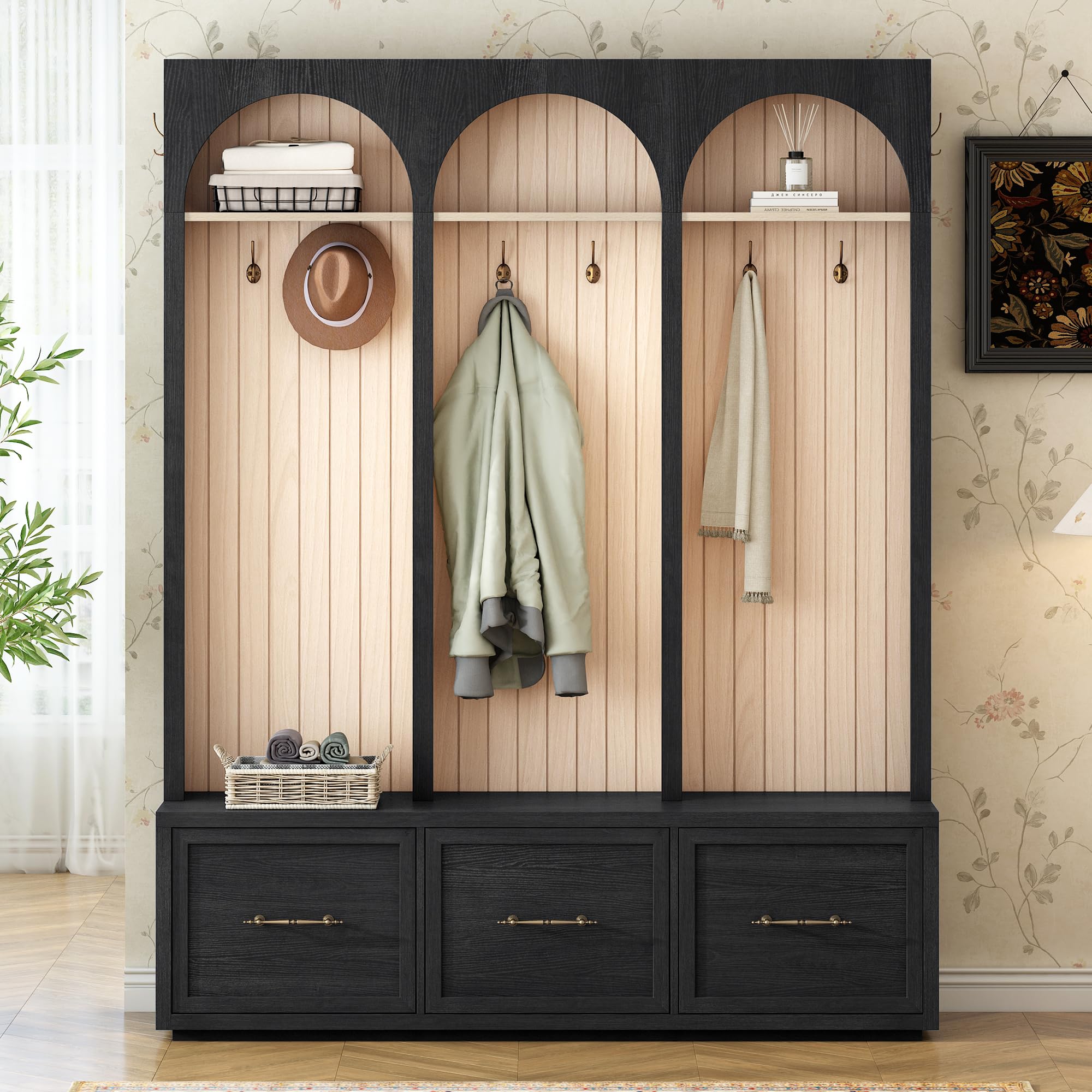 Photo 1 of ***FINAL SALE*** Merax Farmhouse Wood Hall Tree with 8 Hooks and Shoe Bench, Mudroom Versatile Coat Racks with 3 Drawers, Entrance Organizer for Hallway Black