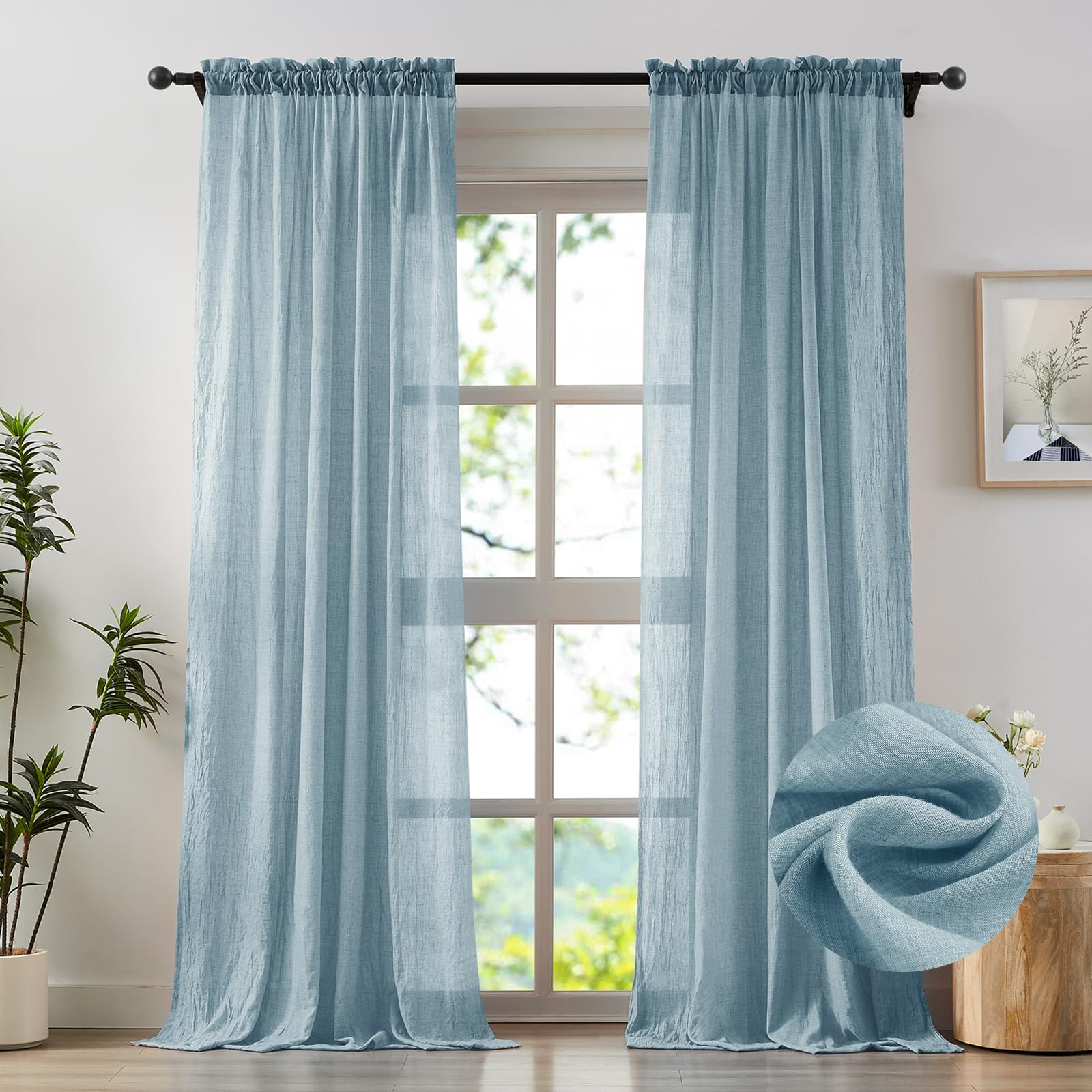 Photo 1 of Anpark Elegant Blue Sheer Curtains 72 Inches Long for Bedroom, Cotton Linen Textured Light Filtering Crinkle Sheer Drapes Rod Pocket Voile Window Curtains for Living Room, W52 x L72 in, 2 Panels