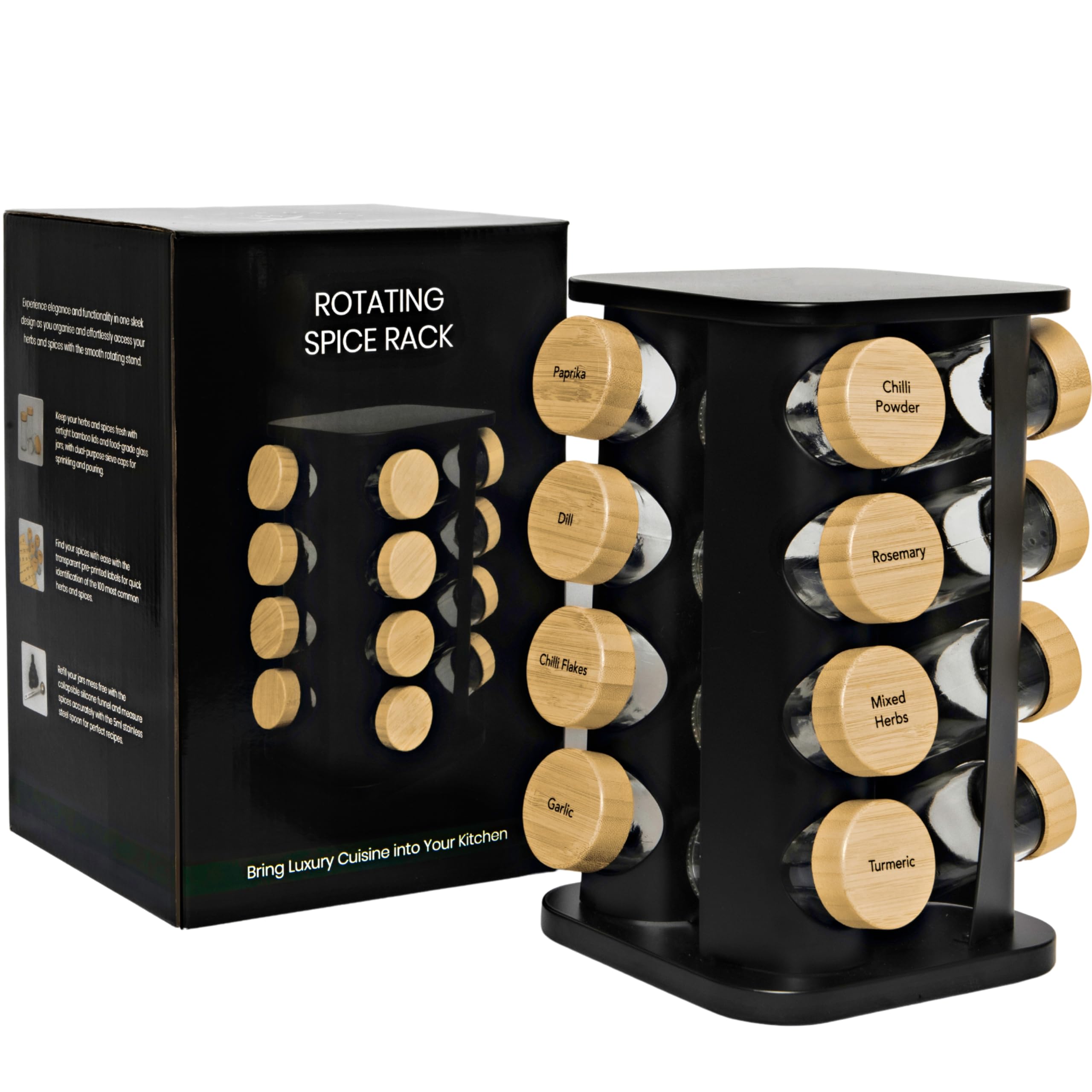 My Luxury Cuisine Rotating Spice Rack, Aesthetic Spice Rack for Inside Cupboard or Free Standing, Ideal Spice Organiser Including 16 Spice Jars with Lids and Labels to Easily Sort your Spices.