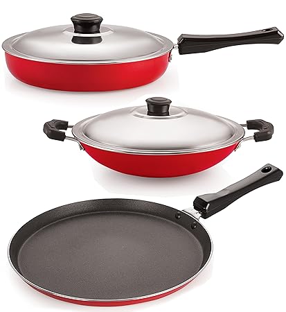 Nirlon Non-Stick Aluminium Cookware Set, 3-Pieces, Red (26_FP12_CHATTI_FT11)