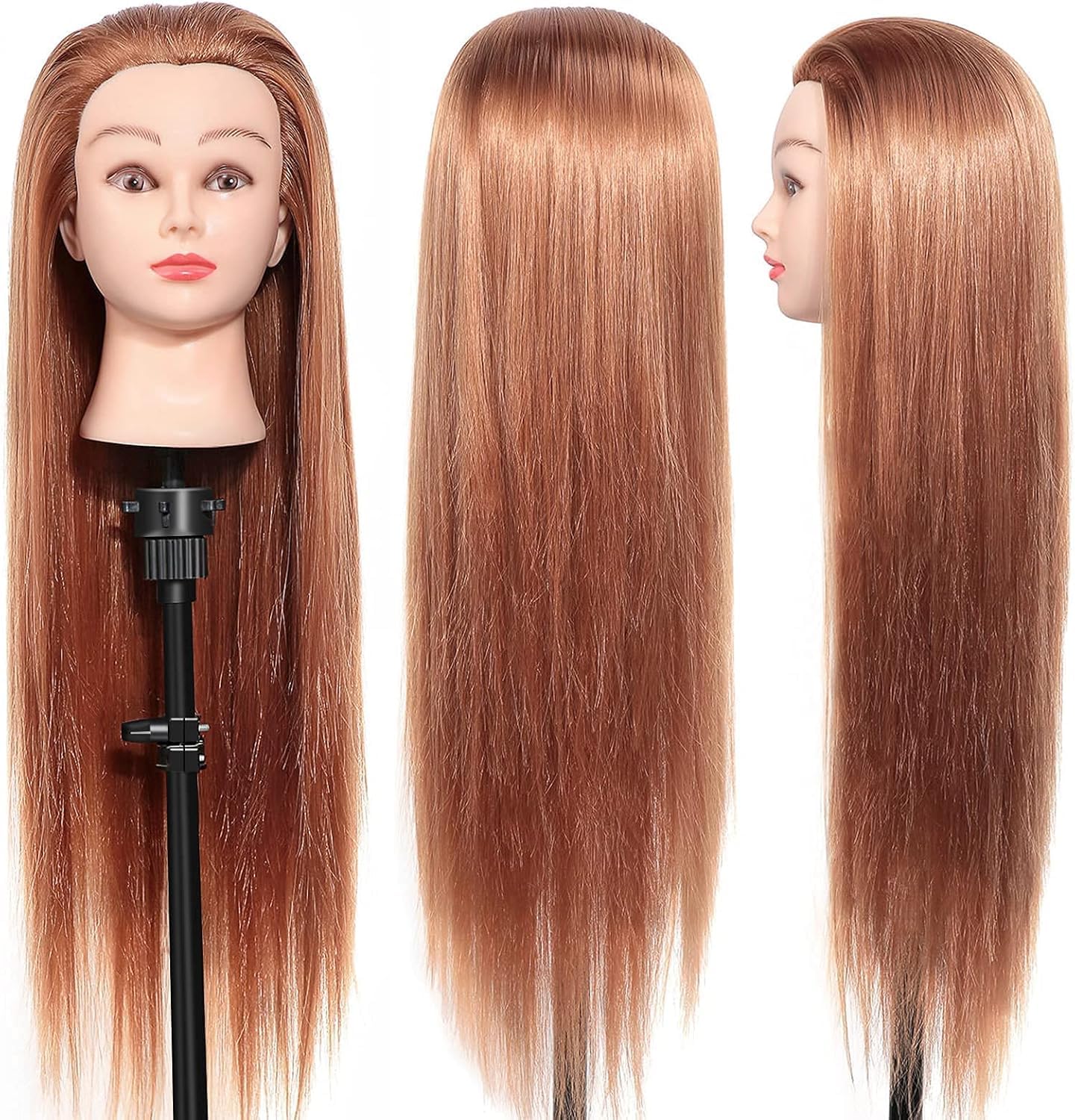 Mannequin Head Hairdressing 24", 100% Soft Synthetic Fiber Material Human Hairstyle Training Head, Training Head Cosmetology Doll Head Hairdresser Training Head with Table Clamp Stand for Hairstyle