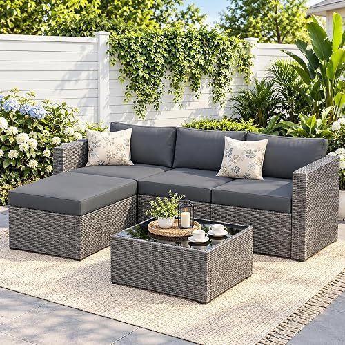 5 Pieces Wicker Patio Furniture Set - Outdoor Sectional for All Weather | Outside Sofa with Glass Coffee Table/Cushion,Easy Assemble for Porch,Balcony,Backyards,Poolside Deck(Grey)