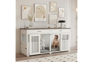 FACEKET Dog Crate Furniture - Indoor Wood Dog Kennel Furniture 4 Doors with Divider and 2 Drawers - 72" L x 23.6" W x 34.8" H, White