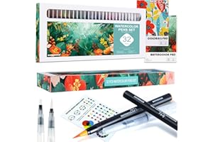 AOTEMOON Watercolor Art Supplies Gifts for Girls Teens Beginners, 32 Watercolor Pens Set Includes 26 Vivid Colors Real Calligraphy Watercolor Brush Pens, 2 Water Pens, Watercolor Book and Coloring Book