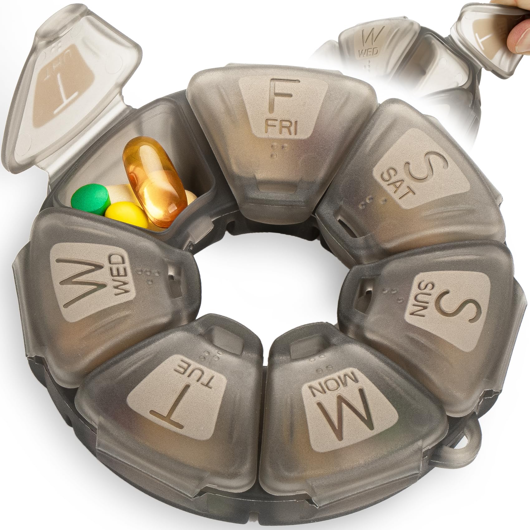 Photo 1 of Round Weekly Pill Organizer, TPU Rubberized, Travel Pill Container 7 Day, with 7 Large Compartments, Great for Daily Vitamins & Supplements, Cute Pill Case with Large Letters and Braille (Grey)