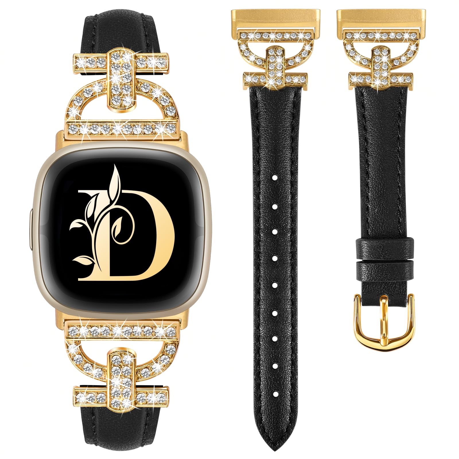 TOYOUTHS Genuine Leather Straps Compatible with Fitbit Versa 3/Versa 4/Sense 2/Sense, Women Slim Strap D-Shaped Metal Buckle Rhinestones Luxury Bracelet for Versa 3/4 Sense 1/2, Black+Gold