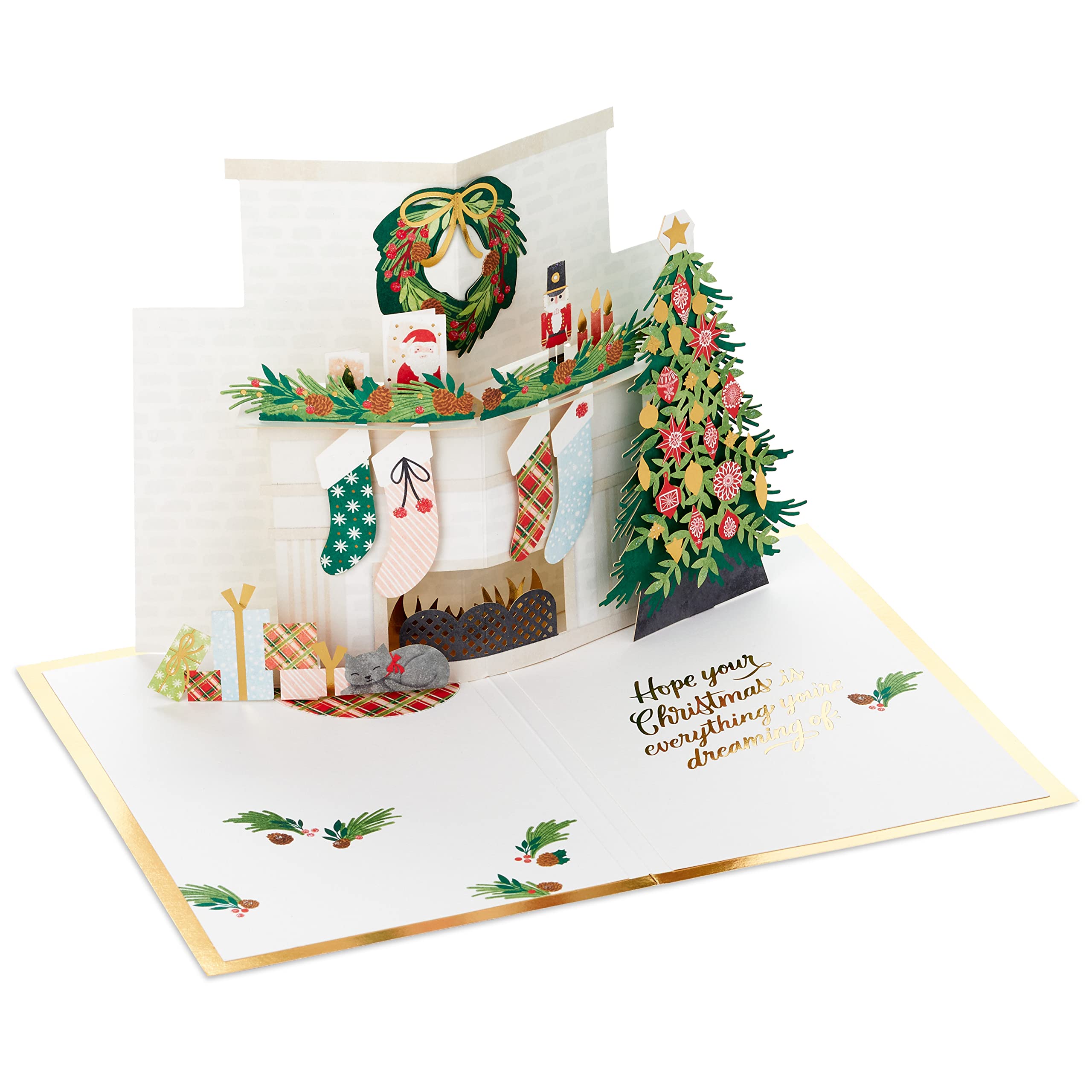 Hallmark Christmas Card, 3D & Pop Up Card, Fireplace & Tree, With Gold Foil Details, Pink