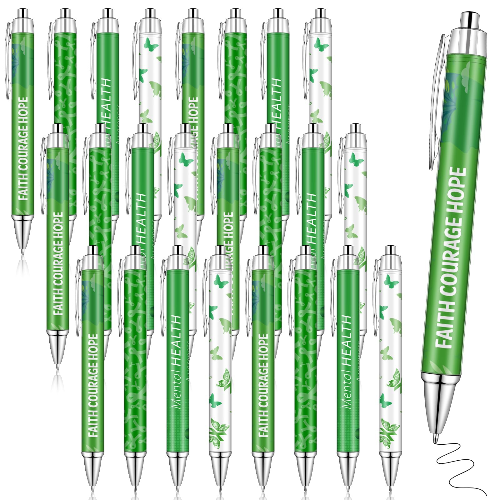 Haishell 24 Pcs Mental Health Awareness Pens Green Ribbon Retractable Ballpoint Pen Set Faith Courage Hope for Women Men Classroom Charity Volunteers Activities Writing Supplies