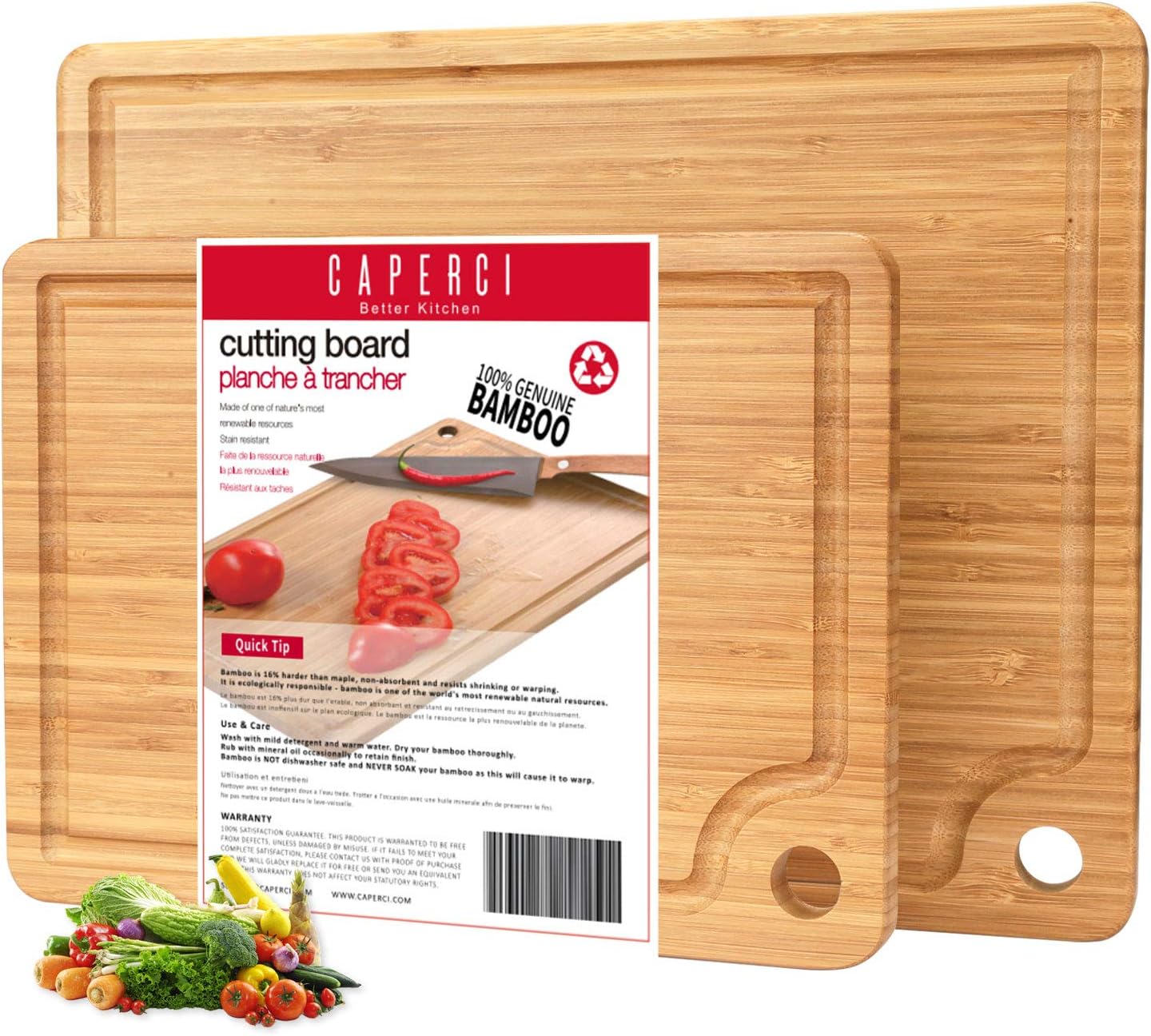 Modern Cutting Board Set - Caperci Optimal 2-Piece Organic Bamboo Chopping Boards for Kitchen Meat Vegetables Cheese Serving (14 x 11 & 11 x 8 Inch)