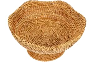 Healvian Woven Rattan Bread Basket Round Pedestal Snack Serving Bowl Household Storage Organizer for Kitchen