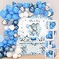 DataMoon Boy Elephant Baby Shower Decorations - 91PCS Blue Balloons, Backdrop, Tablecloth, Boxes