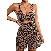SweatyRocks Women's Sleeveless Cut Out Rompers Leopard Twist Front Jumpsuit Shorts Playsuit
