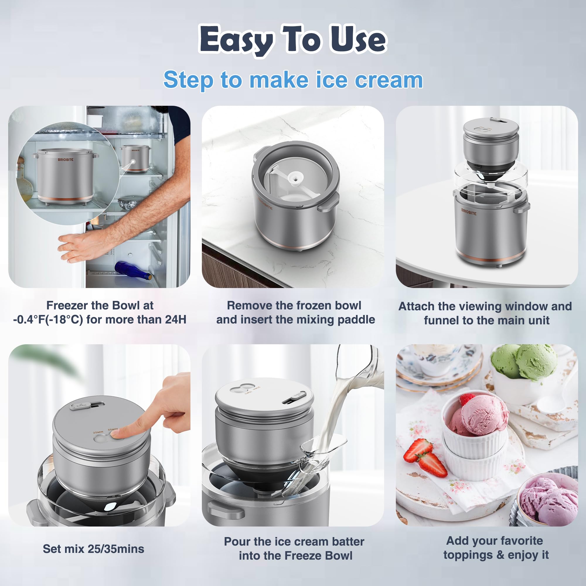 BRIOBITE Máquina para hacer helados de 1,1 cuartos – Máquina eléctrica para helados, batidos y sorbetes, perfecta para 2-3 porciones, fácil de usar y limpiar, plateada