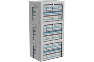 CYHOM 3Pack Frame Storage Box - Clothes Storage Bin Bags Oxford Fabric Foldable Stackable Container Organizer Set with Clear Window & Carry Handles Large Capacity (Grey, Large-66L)