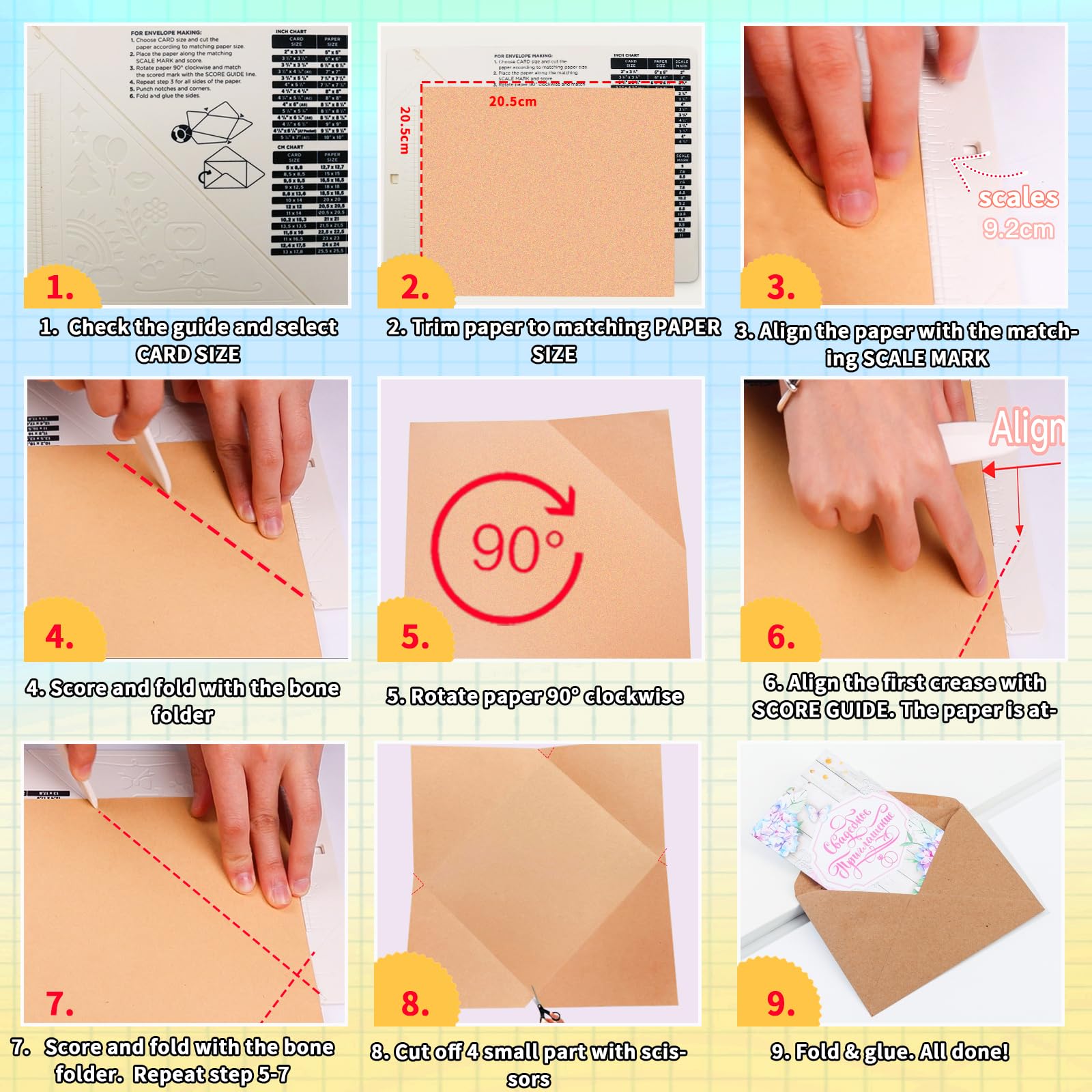 Scoring Board, Envelope Maker, Envelope Punch Board, Scoring Tool, Small Score Board for Paper Crafts, Multi-Purpose Scoring Board for Card Making, Mini Envelope Making and Gift Box Making