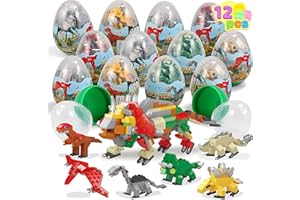 JOYIN 12 Pcs Prefilled Easter Eggs with Toys Dinosaurs Building Blocks, 3.25" Eggs for Easter Basket Stuffers, Easter Party Favors, Easter Egg Hunt, Classroom Events
