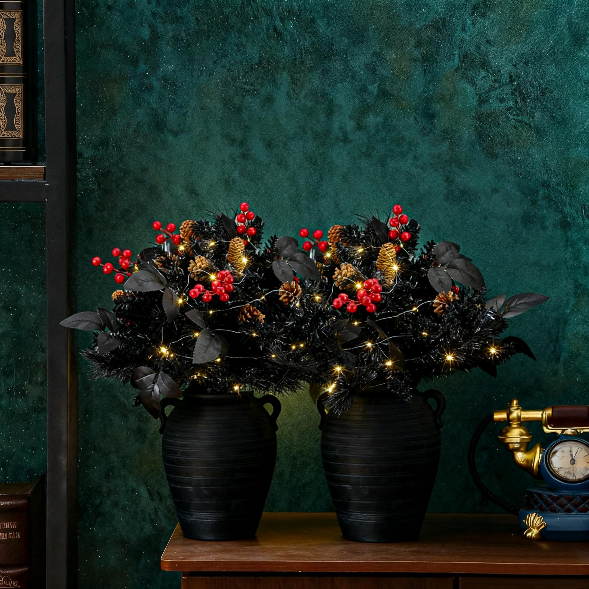 Photo 1 of ***FACTORY SEALED***Seenelling 2 Pack Black Artificial Pine Plants 20 Inch Christmas Fake Greenery Pine Picks with Red Berry Stems and 16 ft Warm White Battery Operated LED Lights for Xmas Home Garden Indoor Outdoor