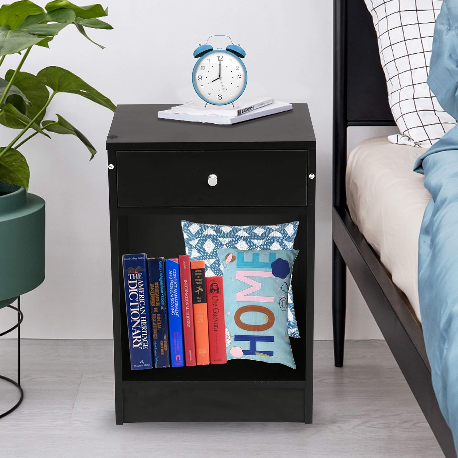 Amazon Com Lucky Tree Black Nightstand End Table With Drawers Storage Shelf For Bedroom Living Room Easy Assembly Kitchen Dining