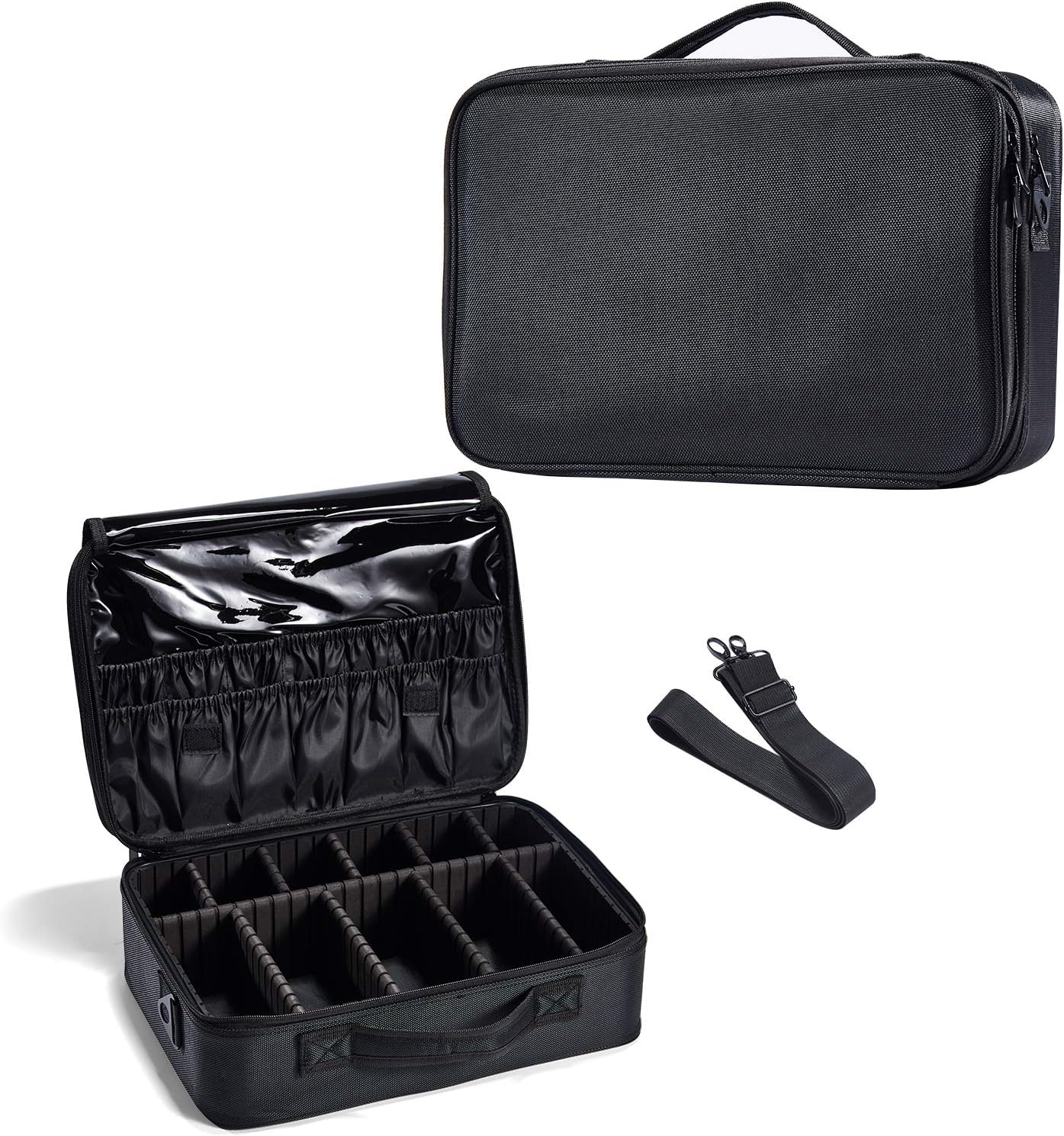 Joligrace Large Oxford Fabric Professional Makeup Bag with Removable Back Strap Cosmetic Case Beauty Box Hairdressing Tools Organiser Storage Box (Double Tiers Medium