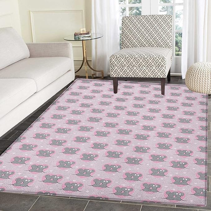 Pink and Grey Rugs for Bedroom Little Mouse Characters with Hearts on Striped