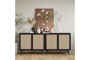 QHITTY Rattan Sideboard Buffet Cabinet, Accent Kitchen Storage Cabinet Console Table with Adjustable Shelves for Living Room, Dining Room, Bedroom (Black)