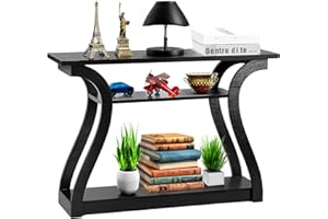 SUPER DEAL Wood Console Table 3 Tier Narrow Entryway Table with Curved Frame and 2 Open Storage Shelves Accent Sofa Table for Hallway Living Room Bedroom, 47 in Black