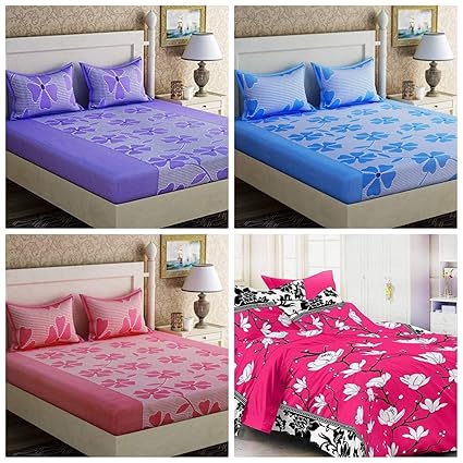 RS Home Furnishing Combo of 100% Premium Cotton Floral Printed King Size Double 4 Bedsheet with 8 Pillow Covers Multi Colour