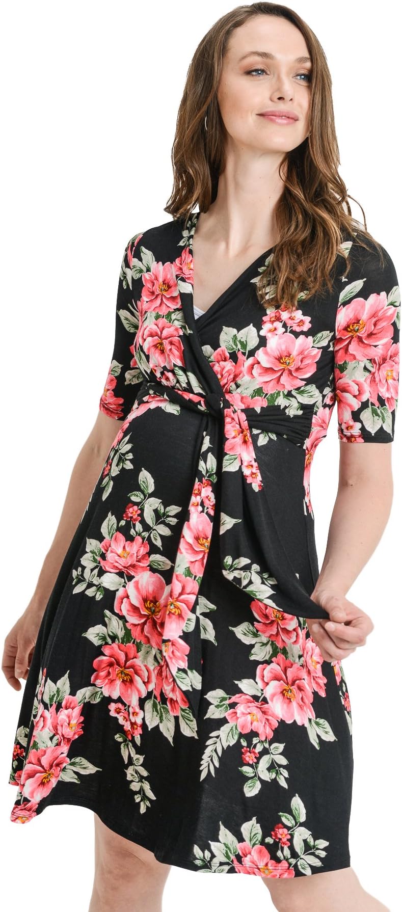 Hello MIZ Women's Floral Faux Wrap Side Tie Nursing and Maternity Dress